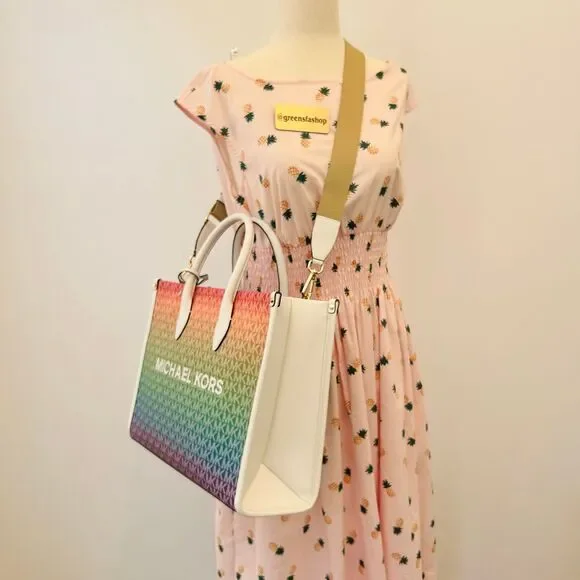Michael Kors Purse Mirella Medium Ombré Logo Tote Bag Rainbow - Picture 9 of 9